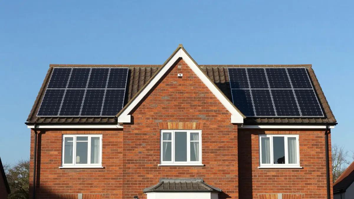 The gable end of a red-brick UK house with a block of black solar panels on the left roof slope and another on the right slope under a clear blue sky
