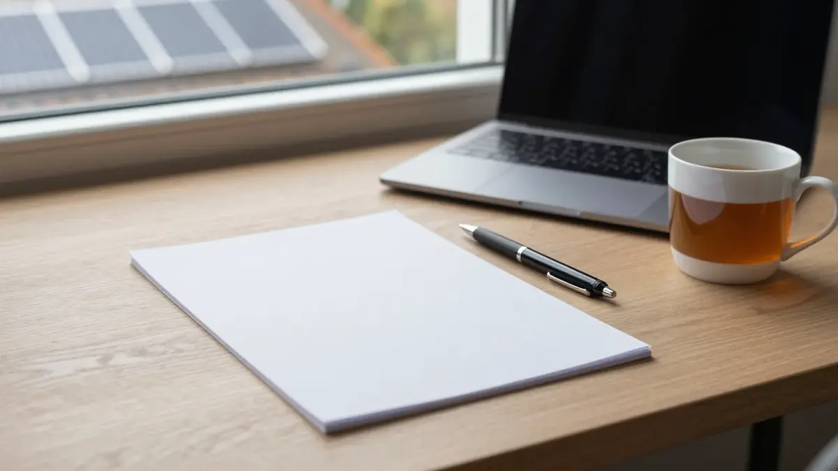 A wooden desk by a window with a blank sheet of paper, a pen, a laptop and a mug of tea, with solar panels visible on a roof through the glass
