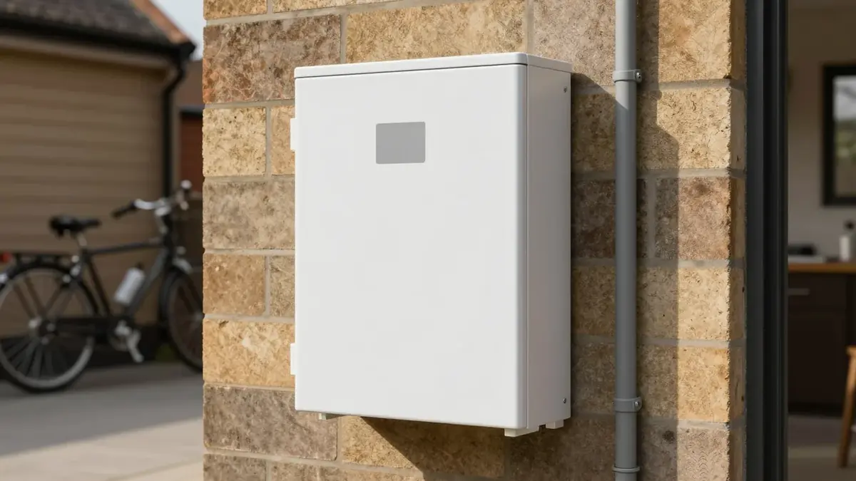 A plain white wall-mounted battery storage cabinet fixed to a buff brick wall outside a home, with a bicycle and a grey downpipe beside it