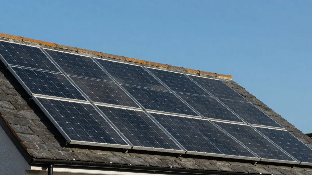A row of black solar panels on a slate roof, photographed from below against a clear blue sky in strong sunlight