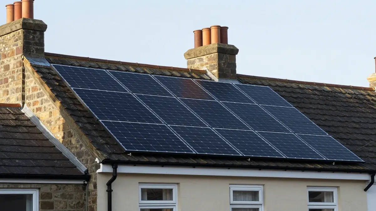 Black solar panels on a sunlit roof slope of a UK terraced house with brick chimneys, tiled roofs either side and a pale sky