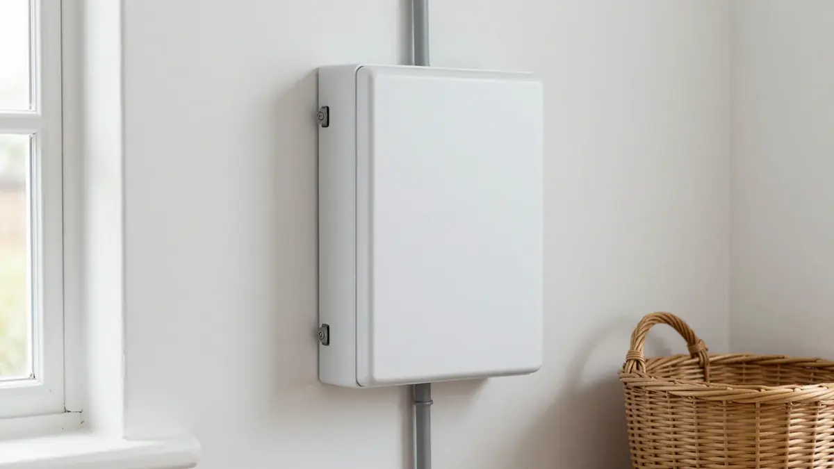 A plain white wall-mounted inverter box on a white wall in a bright utility room with a window and a wicker basket beside it