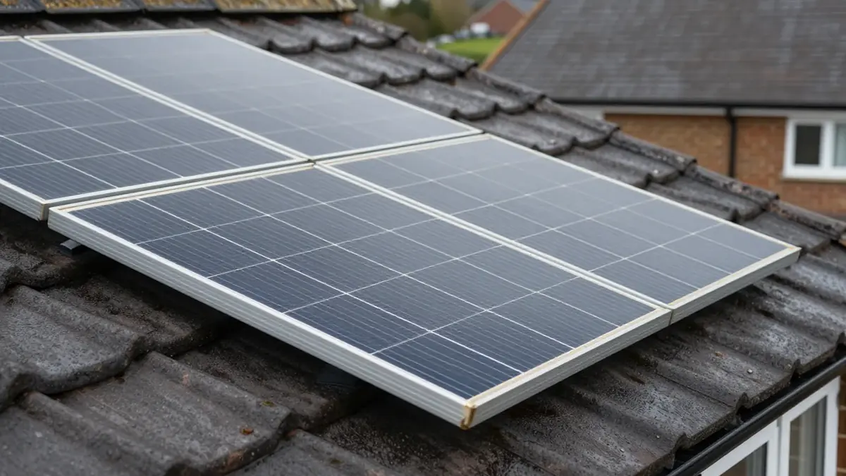 Close-up of the edges of black solar panels on a weathered grey tiled roof, with rooftops of neighbouring houses behind