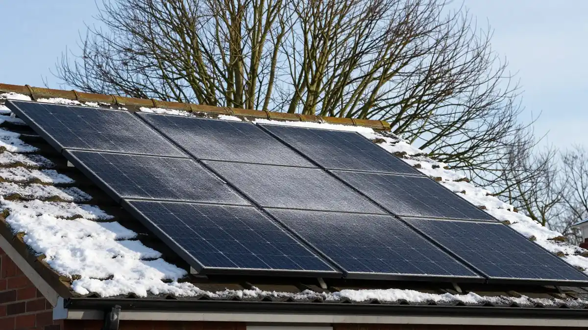 Black solar panels on a roof lightly covered in frost and patches of snow, with bare winter tree branches against a pale blue sky