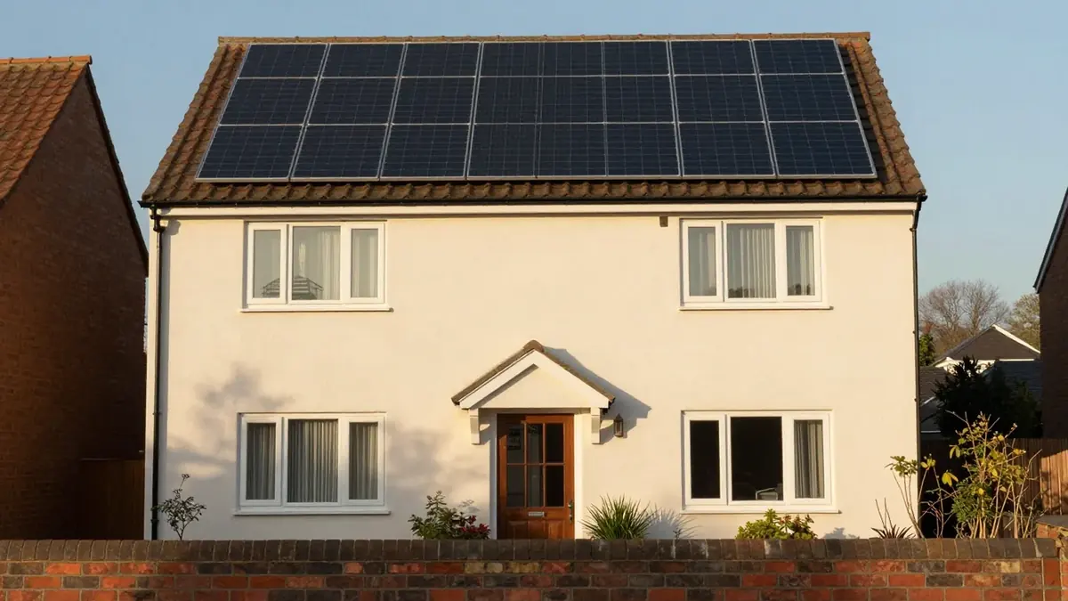 A cream-rendered UK house with a block of black solar panels on the front roof, a wooden front door and a low brick wall in late afternoon light
