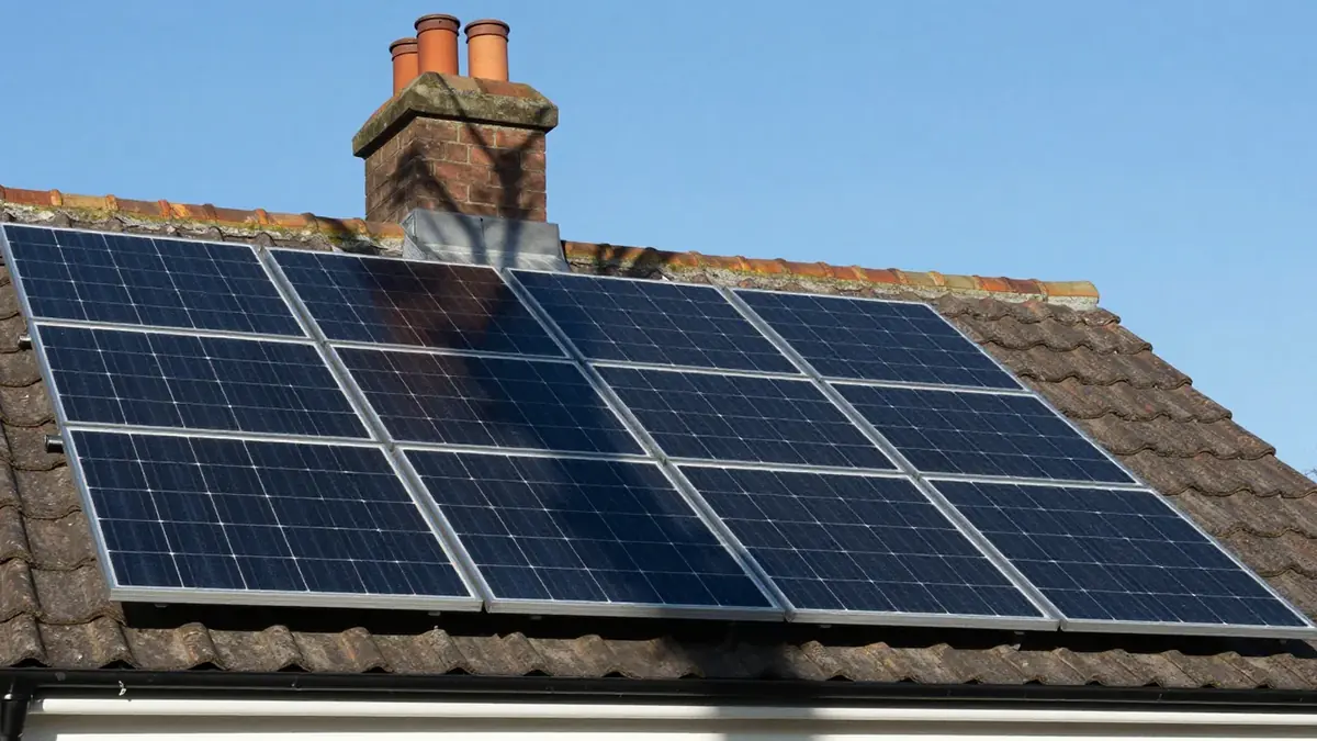 Black solar panels on a tiled roof with the shadow of a chimney falling across part of the array, under a blue sky