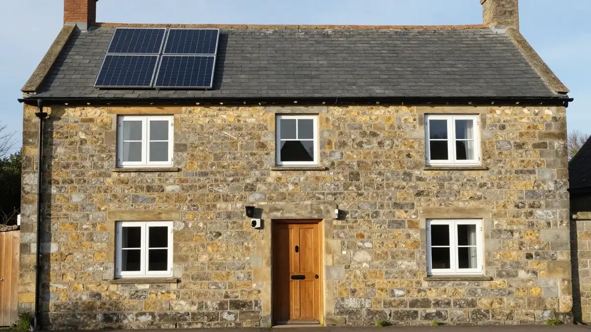 A yellow-stone cottage with a slate roof and a small block of black solar panels, sash windows and a wooden front door